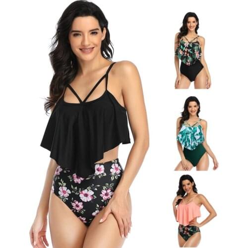 High new waist bikini multicolor ruffled belly split swimsuit Leaf Flower Print Swimwear Women Beachwear Two Piece