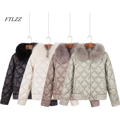 FTLZZ Women Down Real Fur Collar Jacket Winter Warm Ultra Light Short Jacket White Duck Down Parka Elegant Coat Outwear