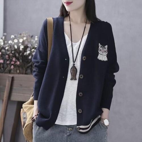 2021 literary spring and autumn womens cardigan sweater sweater jacket womens long-sleeved large size loose casual outfit