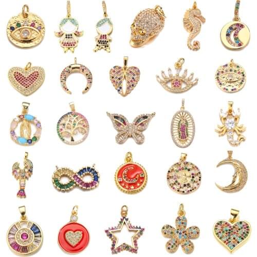 Copper Cubic Zircon Life Tree Heart Moon Virgin Mary Evil Eye Charms fit Pendant Necklace DIY Charms Jewelry Making Accessories