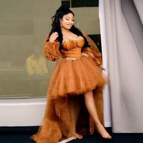 Fashion Copper Color High Low Tulle Prom Gowns 2021 See Thru Puff Full Sleeves Long Wedding Party Dress Appliques Women Dress