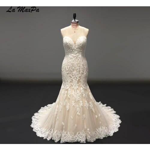 Real Sample Champagne Lace Fitted And Flare Wedding Dress AN360