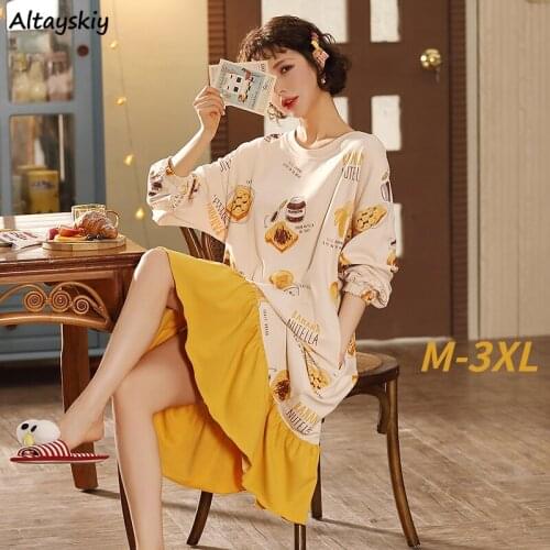 Nightgowns Women Print Lovely Spring Long Sleeve Loose Sleepwear Female Causal Ruffles O-neck Students Plus Size Ins Sweet Girls
