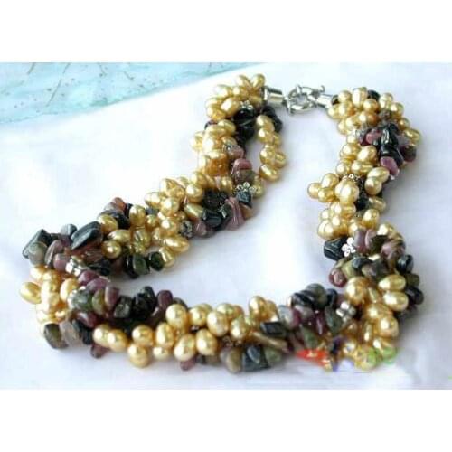 4Rows Natural Jaspilites Gold Rice Freshwater Cultured Pearl Necklace,Perfect Women Wedding Birthday Party Gift