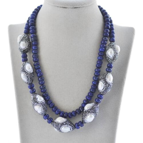 MCT·STAR Z10317 2Row 19" Blue Lapis-Lazuli Pearl Shuttle CZ Necklace