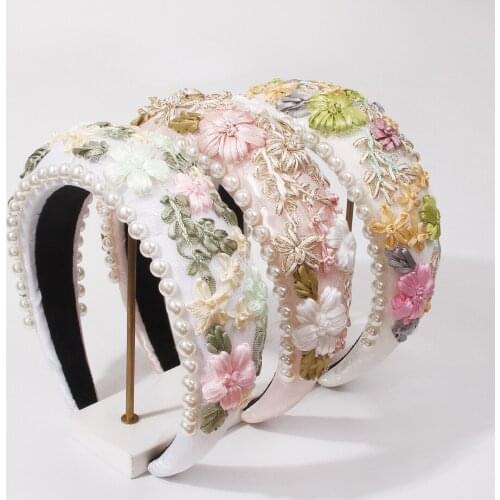 Luxurious Embroidery Flowers Leaves Imitation Pearl Headband Bejeweled Beads Hair Hairband Fashion Hair Jewelry Accessories