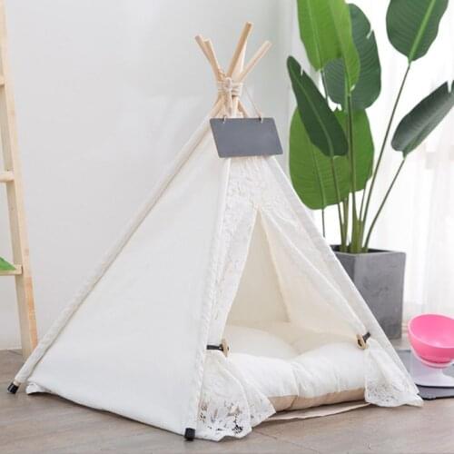 Simple Lace Sturdy Triangle Pet Teepee Bed with Cushion Luxery Dog Cat Tents Houses Warm Comfortable Easy to Remove