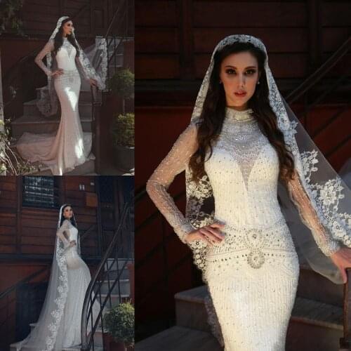 Luxury Handmade Beading Mermaid Wedding Dresses High Collar Long Sleeve Crystal Beads Bridal Gowns Lace Sweep Train Wedding