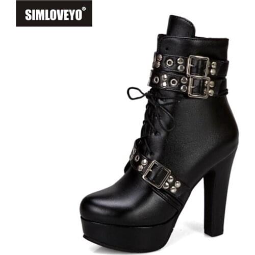 SIMLOVEYO 2021 Sexy Mid Calf Boots Zip Lace Up Belt Buckle Platforms Block Heel Short Plush US19 Blue Black Yellow White A4507