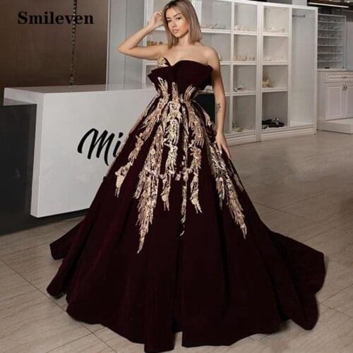 Smileven Caftan Evening Dress Burgundy Velvet A Line Prom Dresses Arabic Gold Lace Applique Ruched Dubai Formal Party Gowns