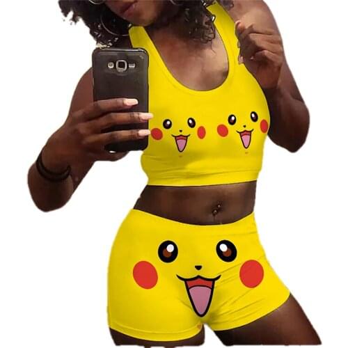 Womens tracksuit 2021 spring new cute kawaii expression printing sexy slim fashion suit Yoga vest shorts split womens suit