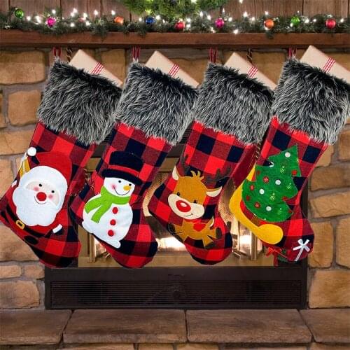 Funny Plaid Christmas Stocking Pendant Elk/Tree/Snowman/Santa Claus Socks Ornaments Decor Supplies Home Hotel Shopping Mall