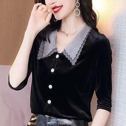 2020 Spring Fall Fashion Womens Patchwork Embroidery Black Velvet Top Blouse Shirt , Korean 3xl Velour Blouses Shirts for Women