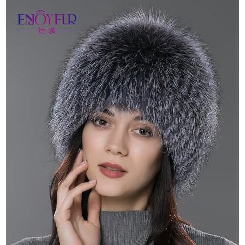 ENJOYFUR women winter real natural fox fur hat hand sewn fluffy fox round top cap fashion warm thick female russian beanies new