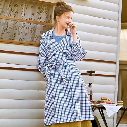 Blue Love Spring Womens Blue Check Double Breasted Soft Lace Up Cotton Windbreaker