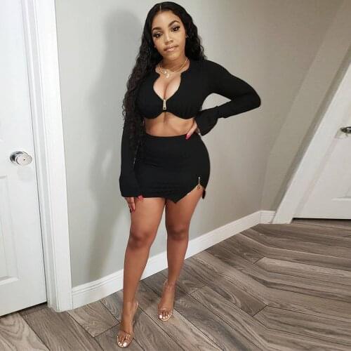 Black Zipper Up Bandage Two Piece Dress Set Women Cleavage Flare Long Sleeve Crop Top and Side Split Sheath Skirt Co Ord Suits