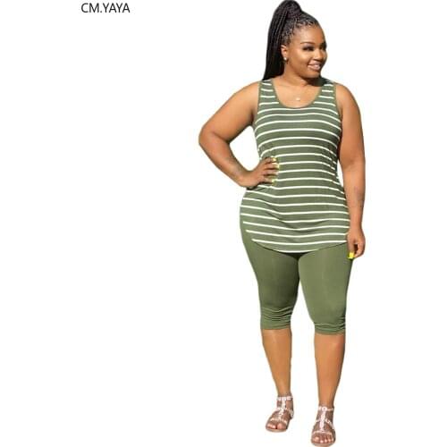 CM.YAYA Women Plus Size XL-5XL Sport two piece set Tracksuit Striped Tank Tops Knee Length jogger Suit Sweatpants Matching Set