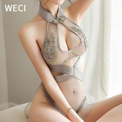 WECI Women Sexy Seductive Cheongsam Dress Porn See Through Pajamas Embroidery Breastless Halter Lingerie Flirty Mistress Erotic