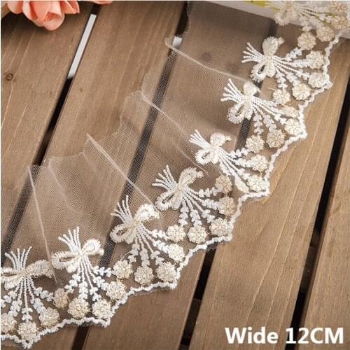 12CM Wide Luxury Tulle Mesh White Golden Embroidered Bows Lace Fabric Collar Trim Fringe Ribbon DIY Wedding Apparel Sewing Decor