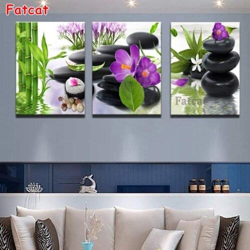 3 Panel Modern Spa Bamboo Zen Stone Purple Flower Photo Diamond Painting Cross Stitch Picture Embroidery Handicraft decor PP1544