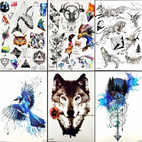 Watercolor Tiger Owl Head Temporary Tattoo Stickers Balloon Fox Geometry Body Art Whale Waterproof Fake Triangle; Tattoo Sticker