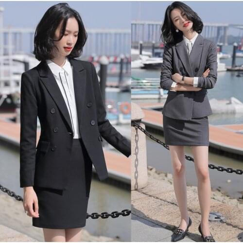 Formal Ladies Black Grey Blazer Women Business Suits with Skirt and Jacket Sets Elegant Work Office Uniform Styles
