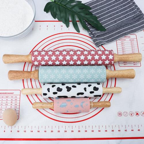 Wooden Silicone Rolling Pin Printed Pattern Roller Cake Cookie Pastry Noodle Dough Rolling Stick Baking Tool Kitchen Accessories