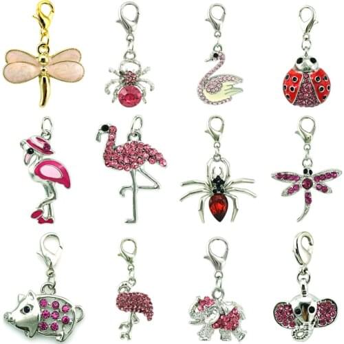 JINGLANG Mix Sale Fashion Pendants Slide Pink Rhinestone Animal Lobster Clasp Charms For Women DIY Jewelry Making Accessories