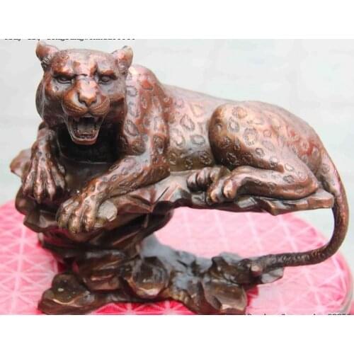 China Folk Feng shui Copper Animal Ferocious Leopard Panther Statue Sculpture