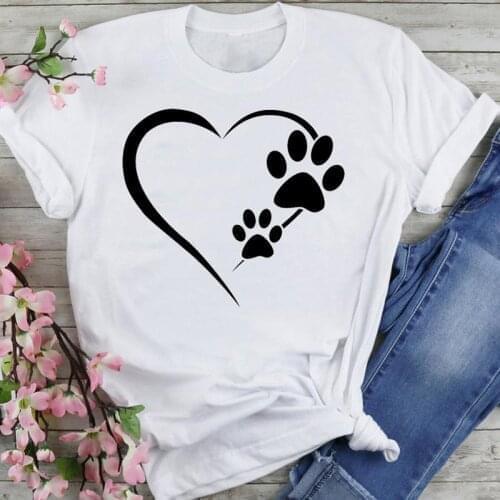 Summer Print Short Sleeve Lovely Clothes Tops Tees Tshirt T-Shirt Women Sweet 90s Dog Paw Love Heart Style Cartoon