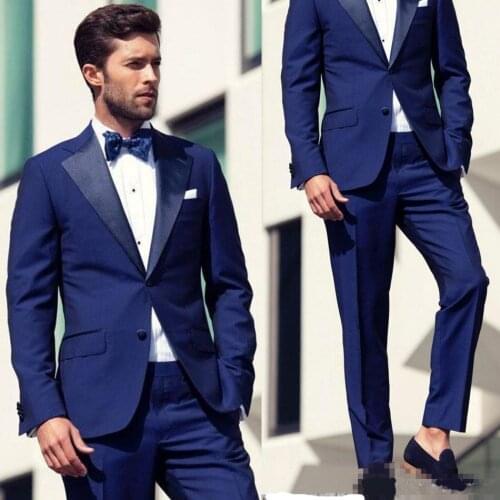 Fashion Navy Blue Classic Slim Fit Groom Tuxedos Wedding Party Suits Prom 2 Pieces Set (Jacket+Pants) Groom Wear Business Suit