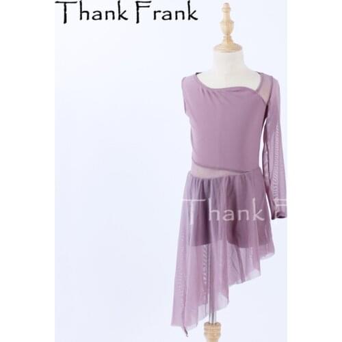 New Women Lyrical Dance Dress Girls Pale Mauve Modern Dresses Adult One Sleeve Irregular Ballet Costume Kids Ballerina Suit C693