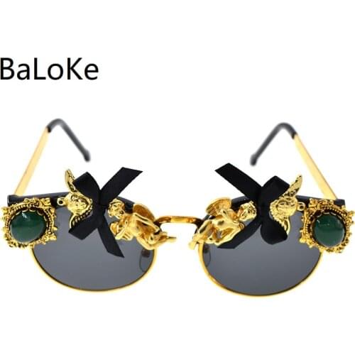 Handmade Crystal Charm Fashion Sunglasses Baroque Retro Vintage Cat eye Sun Glasses Shades Angel Eyewear Accessories