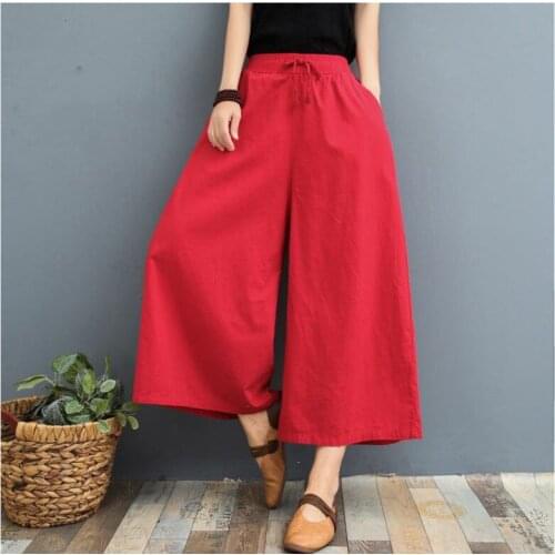 Pure Color Washed Cotton Large Size Loose Summer Thin Linen Casual Cool Wide-leg Pants Women