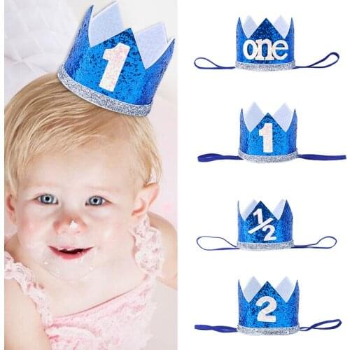 1 2 Years Old Birthday Hat Baby Shower Decorative Headband Childrens Party Crown Hat Blue Silver Birthday Crown Party Hats