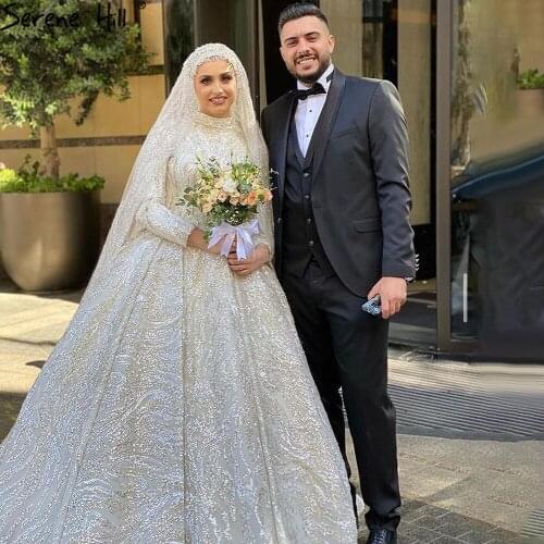 Serene Hill Muslim Ivory Beading Wedding Dresses 2020 High-end Luxury Sparkle Bridal Custom Made Gowns DHA2477