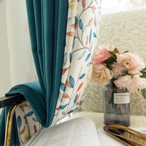 Blue Cotton linen custom nordic splice Branch cotton livingroom bedroom shading blackout curtain M648