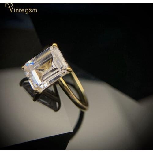 Vinregem 925 Sterling Silver Emerald Cut Created Moissanite Gemstone Anniversary 18K Yellow Gold Couple Rings Fine Jewelry Gifts