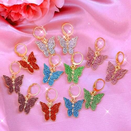 Flatfoosie Hot Fashion Butterfly Rhinestone Drop Earrings For Women Multicolor Cute Insect Earrings Luxury Jewelry Party Gift