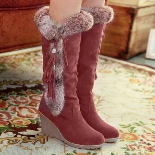 2021 Winter Womens Snow Boots High Heel Mid Calf Fur Boots Fashion Fringe Platform Boots Outwear Warm botas de mujer