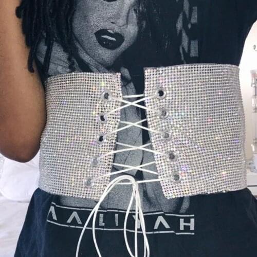 Womens Ladies Metal Diamond Adjustable Wide Stretch Elastic Waist Belt Corset Nightclub Elastic Waistband