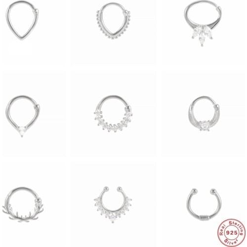 GS 1PC 925 Sterling Silver Crystal Piercing Nose Ring For Women Cartilage Hoop Zircon Beads Nose Stud Party Fine Jewelry Gift