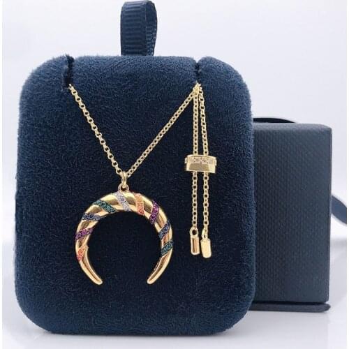 Womens 18K Gold Plated Strip Colorful Moon Pendant Chain Necklace