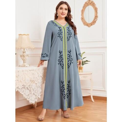 Embroidery Maxi Dress for Women Fall Elegant v Neck Long Sleeve Plus Size Arabic Clothes New