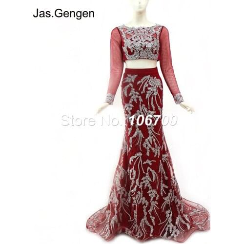 Two Pieces Long Sleeves robe de soiree Evening Dress Mermaid Embroidery Lace with Beaded Stones Sheer Illusion New Prom Gowns