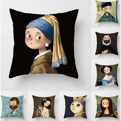 2pcs/set Cartoon Oil Painting Pattern Pillowcase Peachskin Cushion Cover Sofa Decorated Pillow Case Home Textile