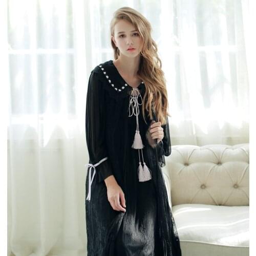 Free Shipping New Autumn Womens White and Black Long Robe Sleepwear Royal Nightgown Princess Two Pieces Set Slip Nightshrt