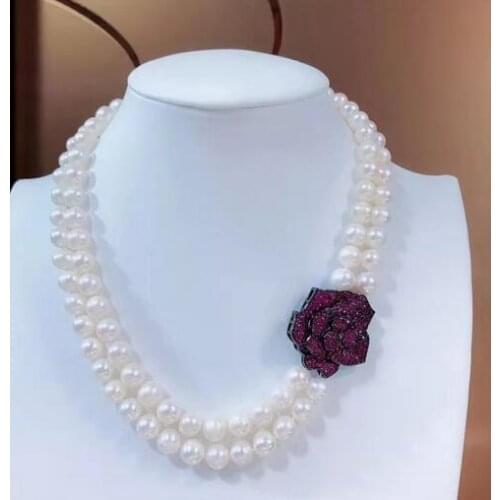 Free shipping Jewelry 2row 9-10 mm natural south sea white pearl necklace micro inlay zircon flower pendant 17-18inch