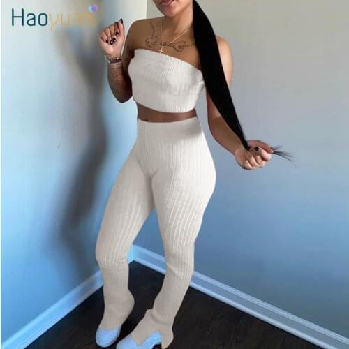 HAOYUAN Sexy Rib Two Piece Set Summer Clothes for Women Crop Top and Split Flare Pant Suit 2 Piece Club Outfits Matching Sets