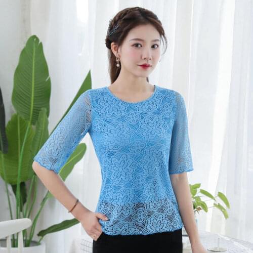 Lace Blouse Women Plus size Elegant Blouses Office Ladies Top Casual Half sleeve Solid color Black White Tee Shirt Hollow out